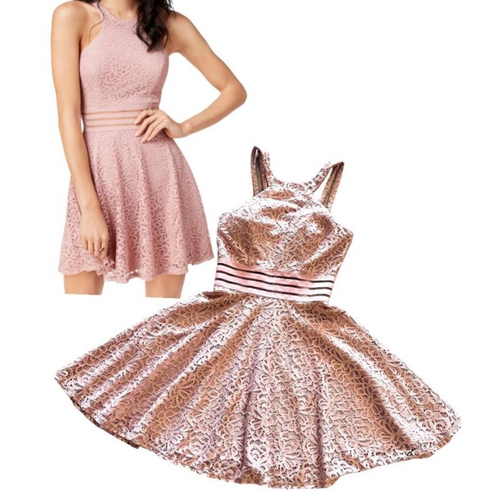 City Studio DRESS Womens 1 Blush Pink Lace Zip Halter Mini Fit Flare Mob Wife